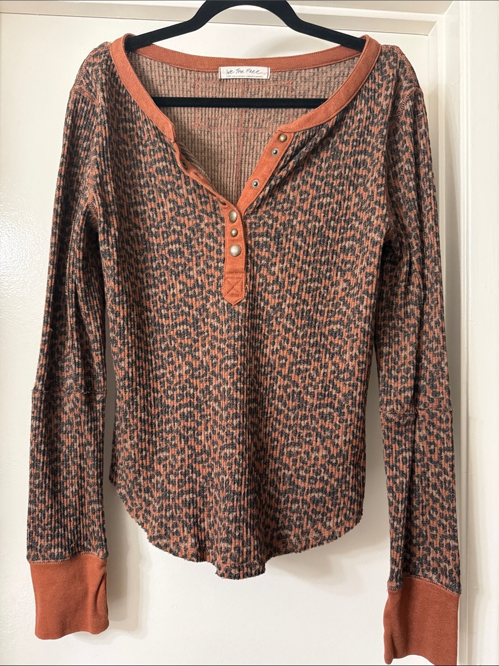 Free People Ribbed Henley in Rust and Black Animal Print